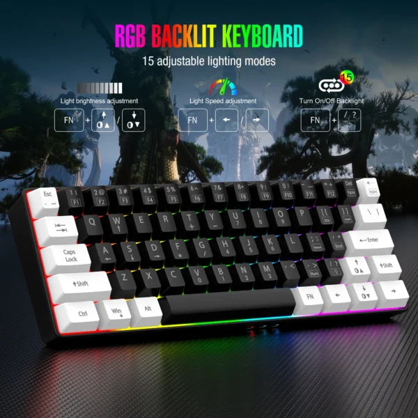 Teclado de jogo com fio 60%, mini teclado ultracompacto retroiluminado RGB, mini compacto à prova d'água 61 teclas, adequado para jogadores PC/Mac, t