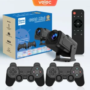 Projetor de jogo Velec HY320 MINI 2 em 1 Projetor Android de chip profissional com 2 controladores de jogo sem fio integrados mais de 20000 jogos