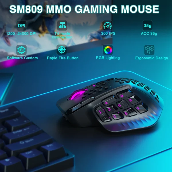 Mouse sem fio Soluaka sm809 pro mouse para jogos sem fio mmo paw3311 16 botões laterais 24000 dpi rgb favo de mel programável macro - Imagem 2