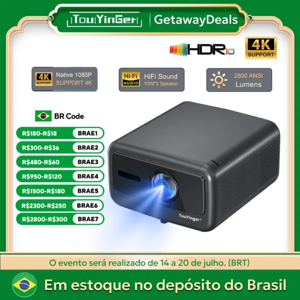 Touyinger Q12W PRO Full HD 1080P Projetor 4K 2800 ANSI Android 12 Projetor de feixe de cinema para vídeo de conferência de educação doméstica