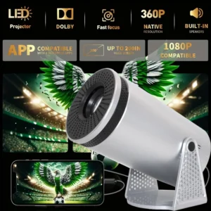 Mini projetor portátil, plugue UE, com correção automática de chave, projetor de home theater com alto-falante embutido e controle remoto