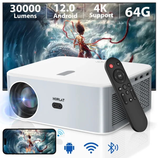 Horlat 30000 lúmens android12 4k decodificação projetor ao ar livre full hd 1080p vídeo 3d home theater keystone 5g wifi projetor portátil