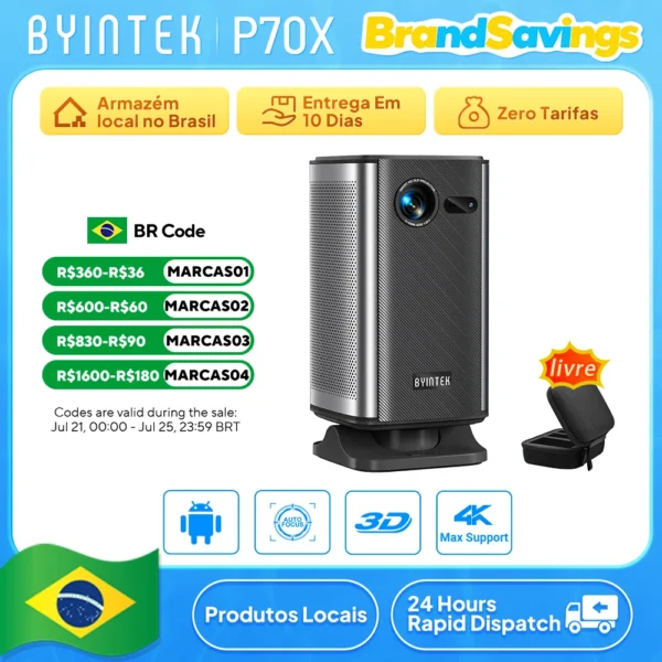 BYINTEK P70X Mini Projetor Portátil com Bateria Embutida 4K Suporte 3D Wifi para Filmes Ao Ar Livre Noite Projetores de Home Theater