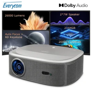 Everycom HQ10W Projetor Full HD Dolby Áudio 4K Vídeo Smart TV para casa 1080P 26000 Lumen Projetores 2 + 64GB Projetor de cinema