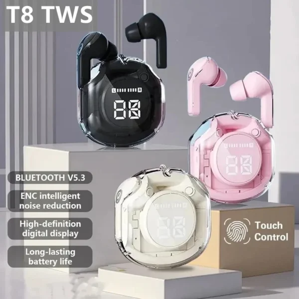 T8 pro tws fones de ouvido bluetooth transparente com display digital led sem fio fone de ouvido para xiaomi huawei iphone fone de ouvido - Imagem 6