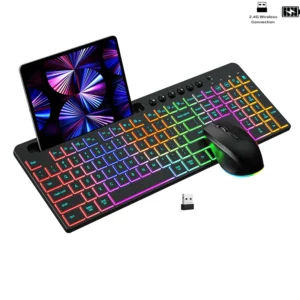 Combinação ergonômica de teclado e mouse sem fio 2.4G com suporte para telefone 1600DPI retroiluminado conjunto de teclado e mouse recarregável para Win7/8/10/11
