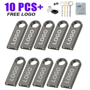 10 Pçs/lote USB Flash Drive 4GB 8GB 16GB Metal Pen Drive Pendrive 32GB 64GB Memória Stick 128GB Livre Presente Personalizado USB 2.0 Varas