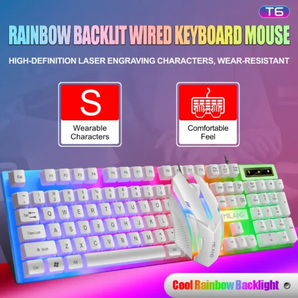 Teclado e mouse com fio retroiluminado arco-íris, teclado flutuante forte, resistente ao desgaste e sensação confortável para escritório de negócios - Imagem 5