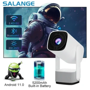 Salange-4K Projetor K2, BT5.2, WiFi 6, Smart Android 11, Bateria embutida de 5200mAh, Alto-falante 10W, Luzes LED RGB, Projetor ao ar livre