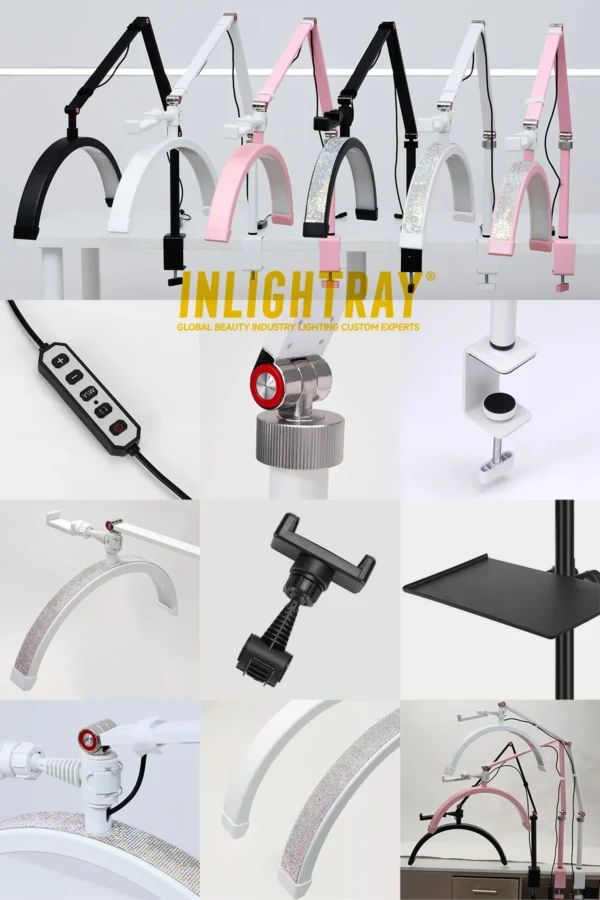 Novo logotipo personalizado 2025 16 polegadas 24w salão de beleza mesa de unhas cama facial lâmpada clip-on com meia lua led lash extensão manicure lâmpada - Imagem 3