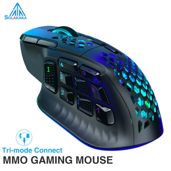 Mouse sem fio Soluaka sm809 pro mouse para jogos sem fio mmo paw3311 16 botões laterais 24000 dpi rgb favo de mel programável macro
