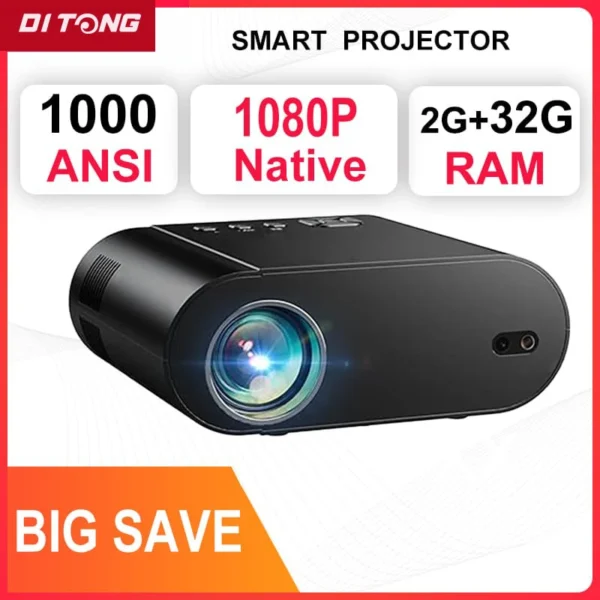 DITONG Projetor 4K Android com Dual WiFi 6 e Bluetooth Auto Keystone Auto Focus Home Theater HD Native 1080P projetor