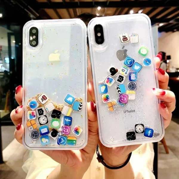 Capa com ícones de aplicativos fofos de areia movediça dinâmica para iPhone 16 15 13 12 11 Pro Max capa líquida para iPhone 14 7 8 Plus X XR XS - Imagem 13