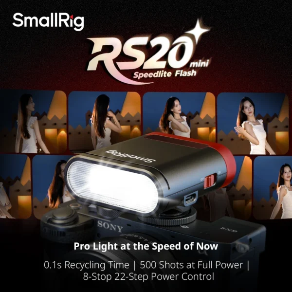 SmallRig RS20 Mini Speedlite Flash oferece 8 paradas e 22 níveis de ajuste de luz 1/1 a 1/128, com tela OLED para câmera -5374