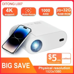 DITONG Projetor 4K Android com Dual WiFi 6 e Bluetooth Auto Keystone Foco Automático Home Theater HD Native 1080P Filme ao ar livre