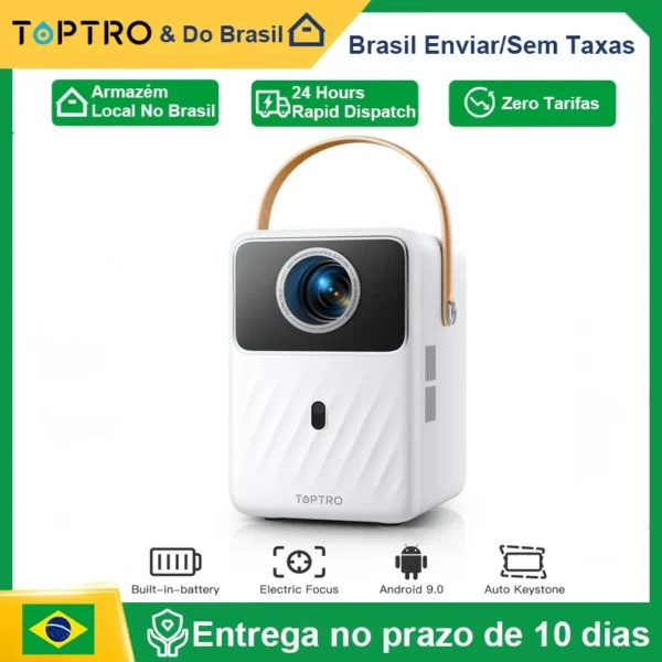 TOPTRO B1 Projetor Portátil Full HD 1080P Suporte 400ANSI Android 9.0 Projetor Auto Keystone e Foco Elétrico Bateria Embutida