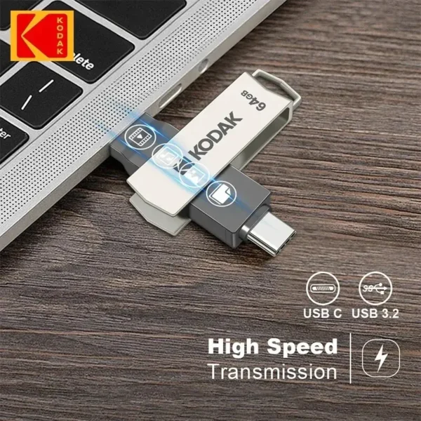 KODAK-USB Type C Flash Drive, Pendrive de alta velocidade, Memory Stick duplo para Smartphone, Laptop, 256GB, 128GB, 32GB - Imagem 4