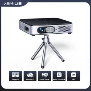 Wimius android tv 11.0 mini projetor portátil dlp bateria embutida curto lance wifi6 bt5.2 1080p auto keystone cinema em casa