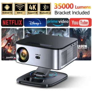 Horlat 2025 4K UHD Projetor 35000 Lumens Android WiFi 6 BT5.2 64G Native1080P Full HD Projetor de filmes de home theater para Netflix