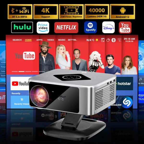 Projetor Horlat 40000 Lumens Full HD 1080P Projetor 4K Suporte Android12 WiFi 6 Home 3D Theater Beamer Projetor Externo HDR10