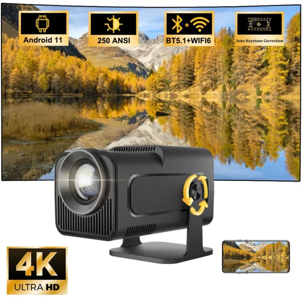 Projetor 4K Full HD HY320 KaiAqua WiFi6 250 ANSI Lumen Auto Keystone Correction Bluetooth 5.1 Dispositivo de Home Theater Projetor LED