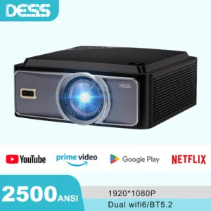 DESS Full HD Projetor 4K 1080P 2500NASI Dual Band Wifi 6 BT5.2 Projetor portátil Office Home Android Cinema Projetor inteligente 3D