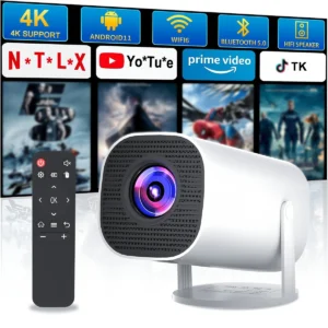 Mini Projetor com WiFi e Bluetooth, Suporte 4K, Sistema Android, Portátil para Home Theater, Negócios, Jogos