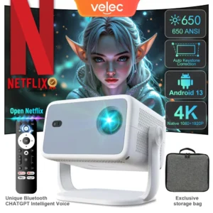 Projetor velec tp350 650 ansi 4k hd 1080p foco automático android 11 wifi6 bt5.2 portátil vídeo ao ar livre projetor de cinema em casa inteligente