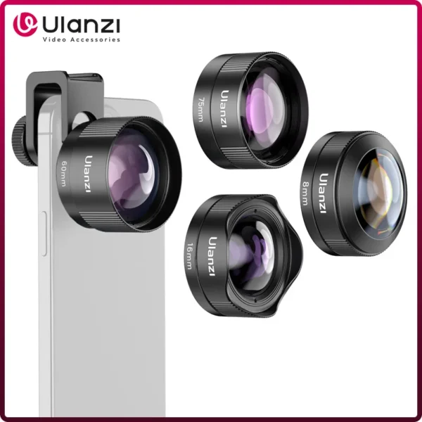 Ulanzi Lente Móvel Universal 75mm Macro/8mm Fisheye/16mm Grande Angular/60mm Telefoto Lente de Telefone para Fotografia Videografia