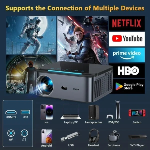 XWBSY 2025 T07 Projetor 30000Lumens Projetor Android 8K Decodificação Projetor AutoFocus Projetor LED 1080P Home Theater Beamer - Imagem 6