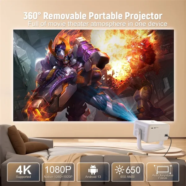 Salange 360 ° Projetor nativo 1080P 650ANSI 4K Android 11 com foco automático Keystone Air Mouse Wifi6 BT5.2 Filme portátil ao ar livre - Imagem 2