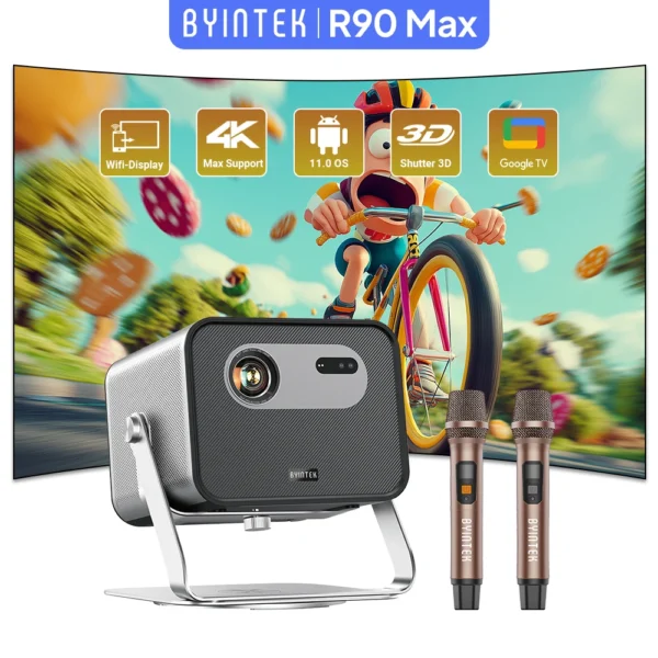 BYINTEK R90 Max 1080P Projetor 4K Full HD DLP 2200 ANSI Lumens Android TV 11.0 3D 4K Projetor de home theater inteligente compatível