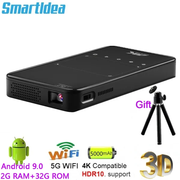 Smartldea Novo Mini Projetor Portátil Inteligente Android9.0 WIFI Vídeo Pico LED Projetor DLP Home Theater Full HD 1080P 4K Cinema 3D