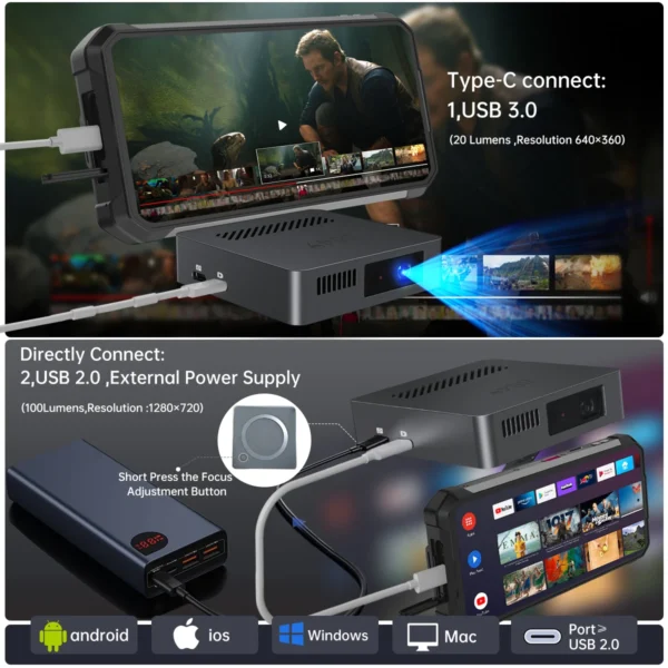 8849 MARS Mini Projetor Portátil DLP Tamanho de Bolso Foco Automático e Chave Compatível para Laptop, PC, Smartphone - Imagem 2