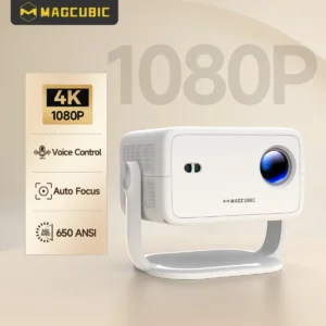 Projetor Magcubic L018 4K Android11 650ANSI com foco automático e Keystone 1080P 360 ° Gire Wifi6 BT5.2 Caixa de correio portátil para filmes ao ar livre