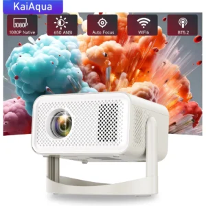 KaiAqua 650ANSI HT23 4K Projetor Portátil Nativo 1080P Foco Automático Correção Keystone Android 11 BT5.2 WIFI6 360 ° Cinema em casa