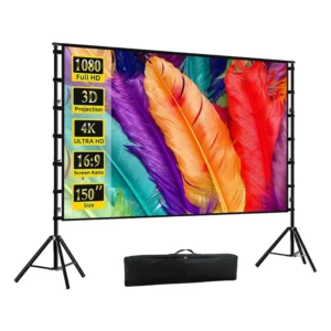Tela do projetor VEIDADZ com suporte branco sem rugas 160 ° Ângulo de visão 60-150 polegadas tela dupla face home theater ao ar livre