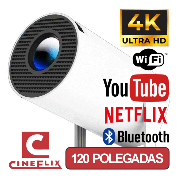 Projetor CineFlix 120 Polegadas Tela Gigante com 8000 Lumens Full HD 1080p 4K Bluetooth Wifi Netflix Youtube Spotify 🎥