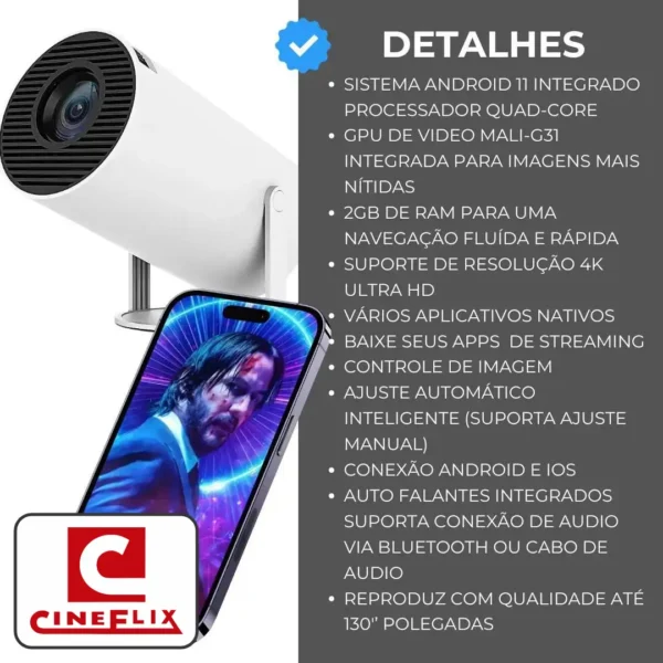 Projetor CineFlix 120 Polegadas Tela Gigante com 8000 Lumens Full HD 1080p 4K Bluetooth Wifi Netflix Youtube Spotify 🎥 - Imagem 4
