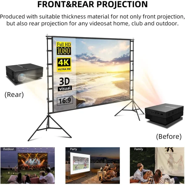 Tela do projetor VEIDADZ com suporte branco sem rugas 160 ° Ângulo de visão 60-150 polegadas tela dupla face home theater ao ar livre - Imagem 4