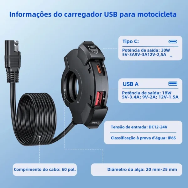 Carregador universal para moto usb 48w qc3.0 pd adaptador de alimentação à prova d'água água guiador montado suporte câmera carregador telefone - Imagem 6